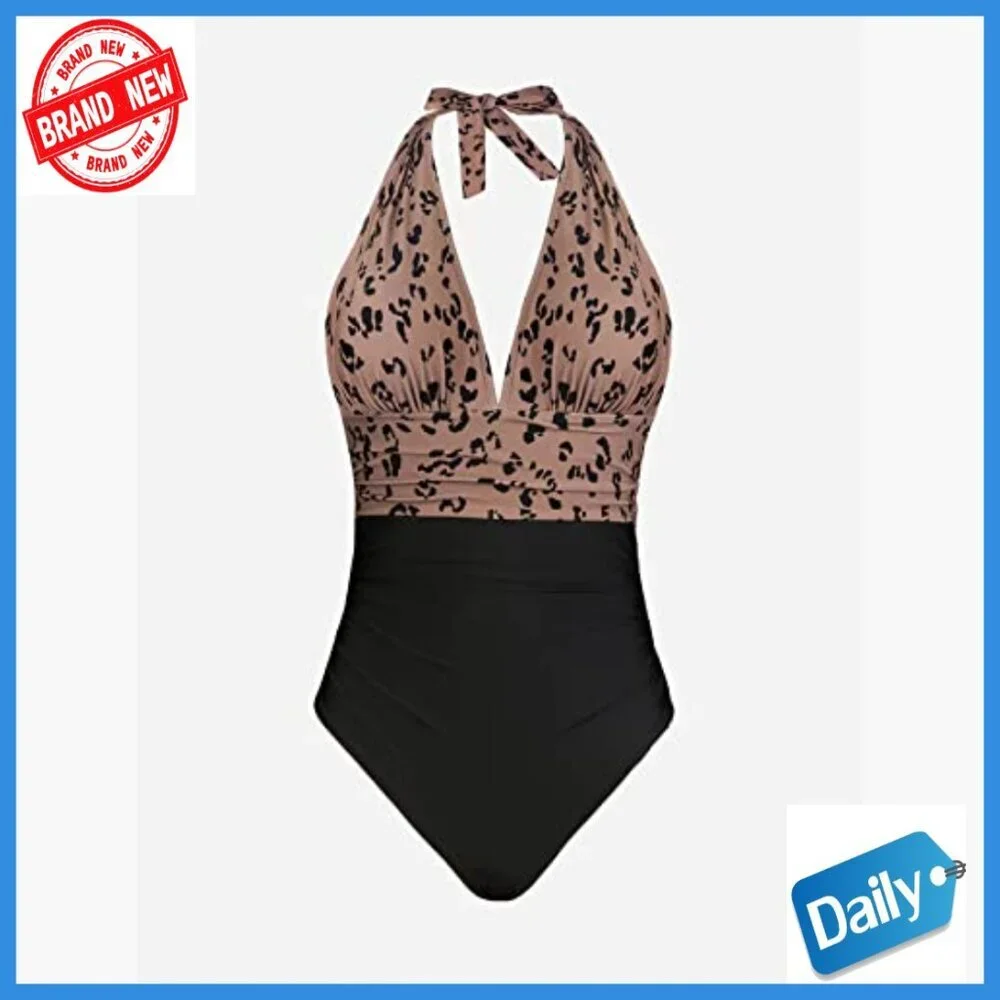One Piece Swimsuit Halter Backless Ruched Tummy Control Bathing Suit